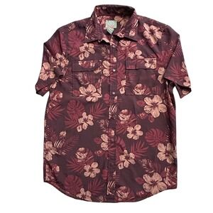 St Johns Bay Shirt Mens Medium Burgundy Floral Hawaiian Button Up‎ Outdoor Print